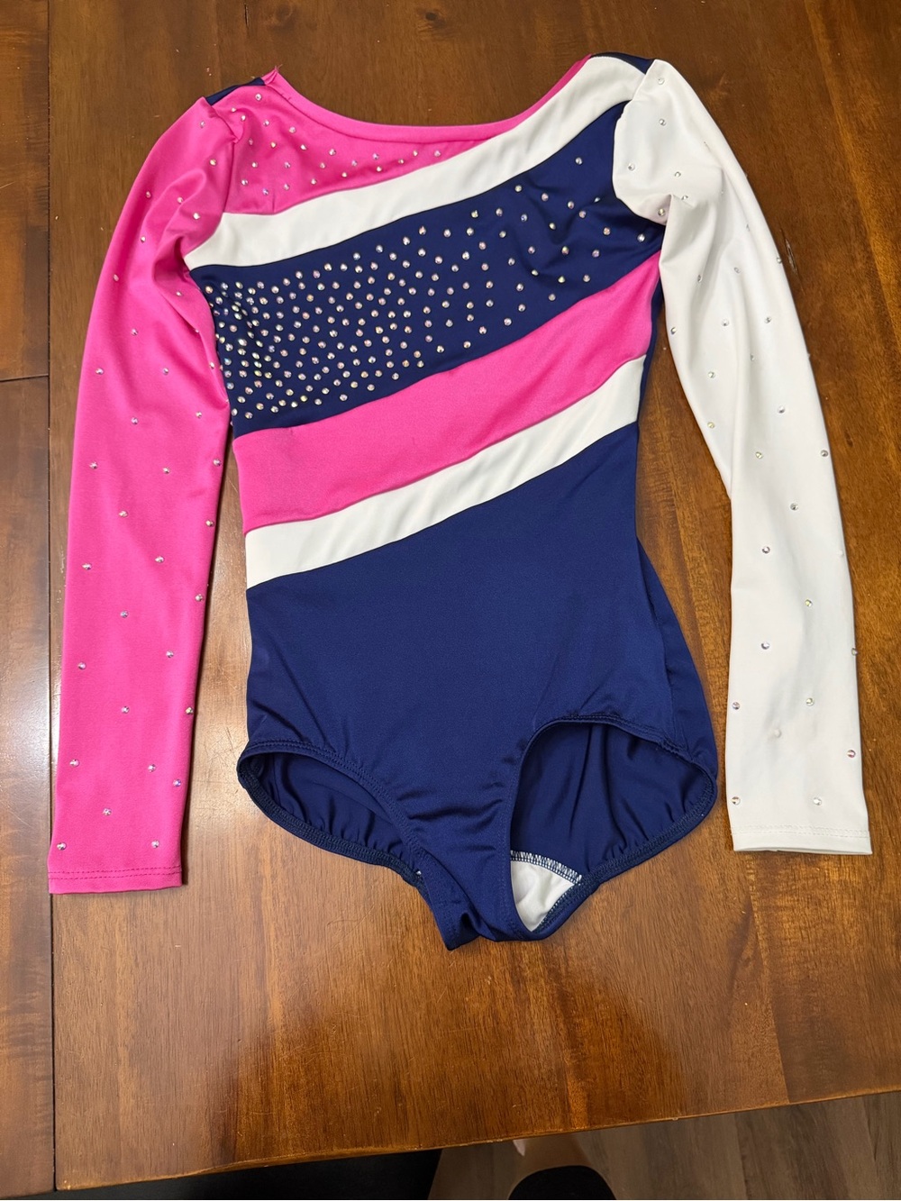 Small Women's Pink, Navy & White Rhinestone Long-Sleeve Leotard